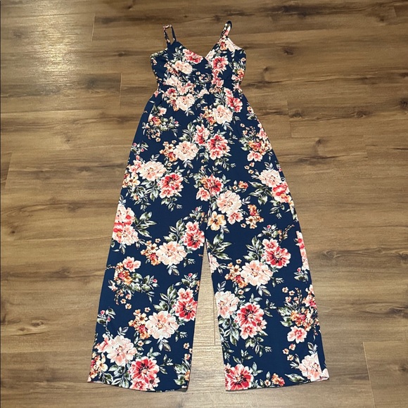 Xhilaration Pants - Woman's Xhilaration Wide Leg V Neck Navy and Pink Floral Jumpsuit. Size S